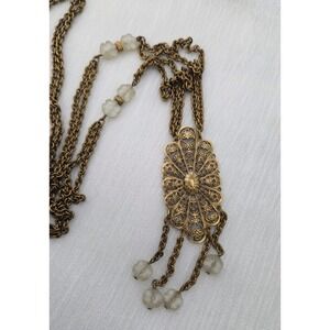 Vintage Brass Filigree Pendant Necklace Victorian Dangling Frosted Flower Beads